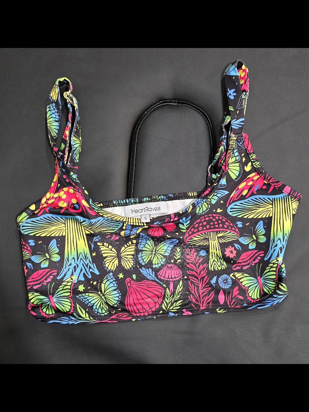 iHeartRaves Black Neon Mushroom & Butterfly Crop Top Small Rave Wear